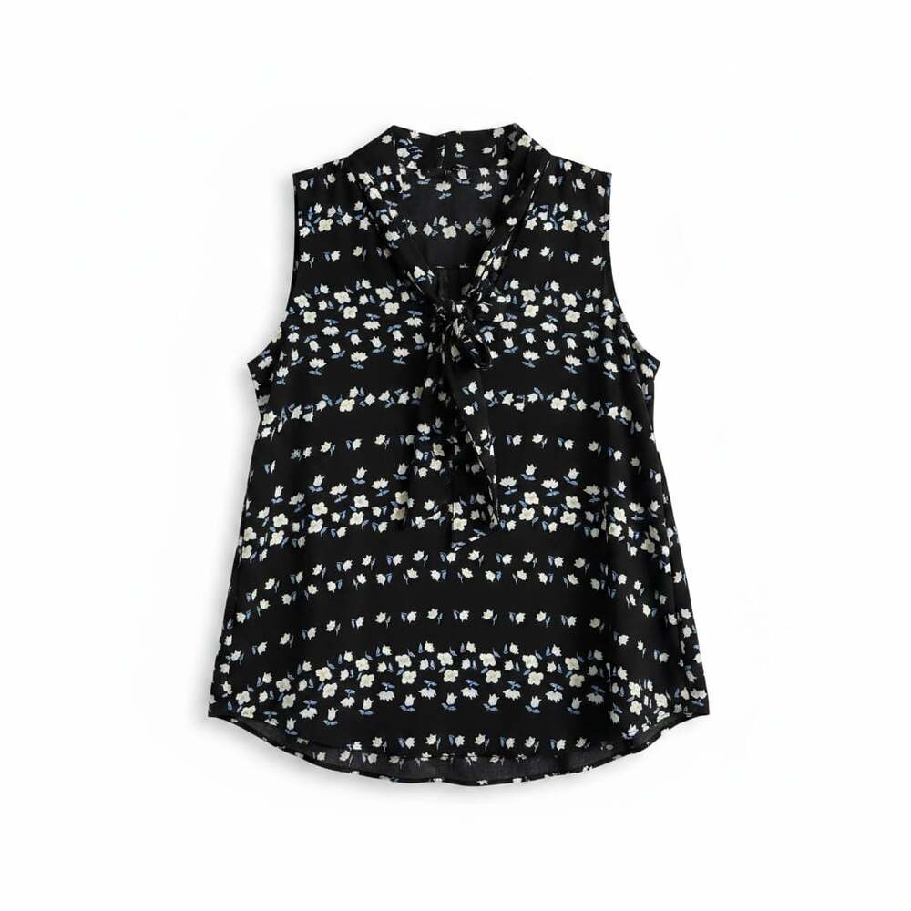 Ann Taylor Floral Tulip Print Tie Neck Sleeveless Blouse Size S